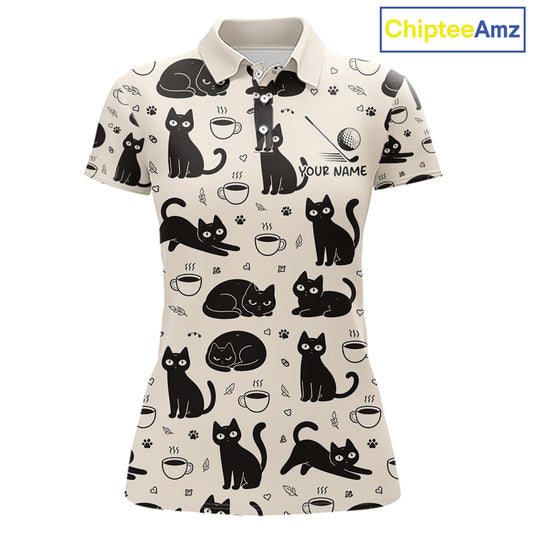Personalized Black Cat Lover Golf Polo Shirt – Custom Name Cute Cat Pattern Shirt For Women NHT801