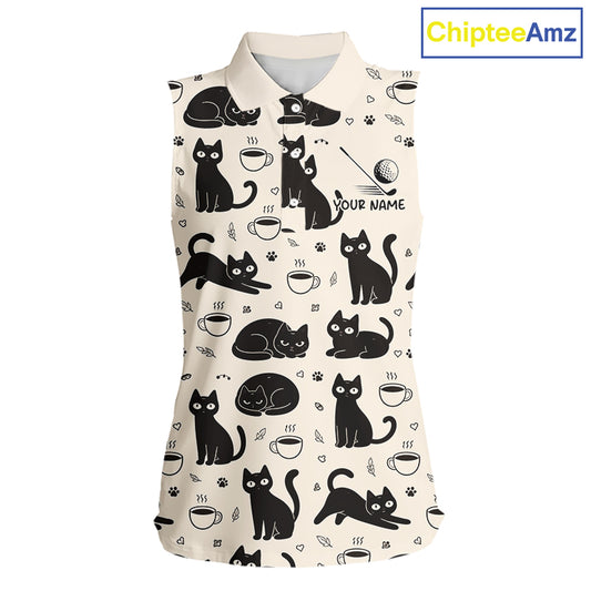 Personalized Black Cat Lover Sleeveless Women Golf Polo Shirt – Custom Name Cute Cat Pattern Shirt For Women NHT801