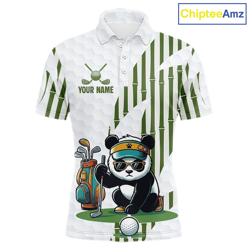 Custom Name Cool Panda Golf Polo Shirt Funny Bamboo Panda Golfing Apparel
