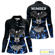Load image into Gallery viewer, Personalized Womens Disc Golf Polo Shirt With Eagle Design, Customizable Name, Unisex Sports Jersey For Womens |Blue NHT811