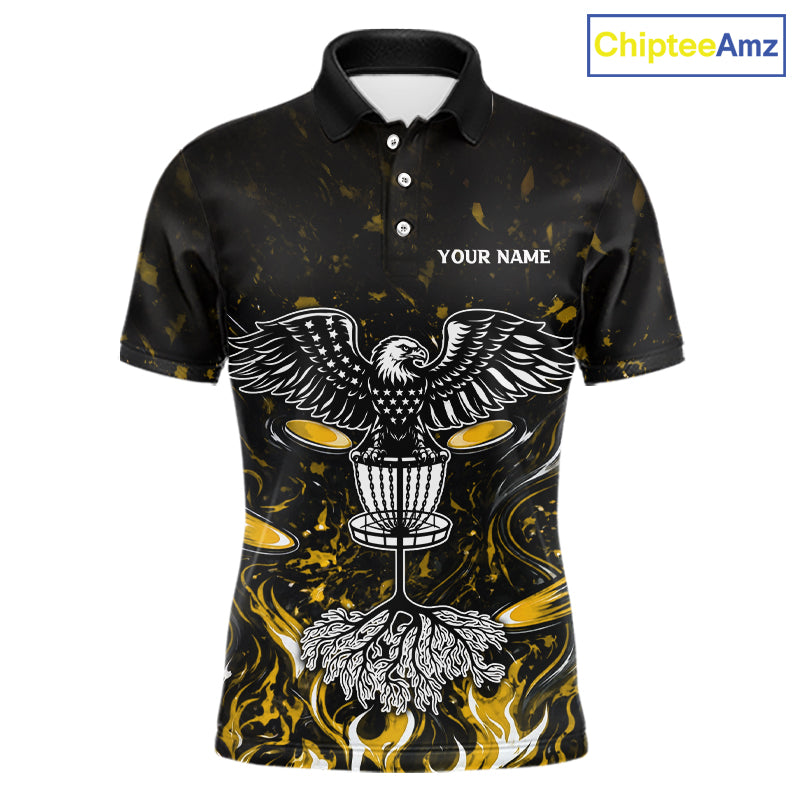 Personalized Mens Disc Golf Polo Shirt With Eagle Design, Customizable Name, Unisex Sports Jersey For Men|Yellow NHT812
