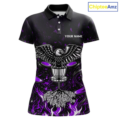 Personalized Womens Disc Golf Polo Shirt With Eagle Design, Customizable Name, Unisex Sports Jersey For Womens|Purple NHT813