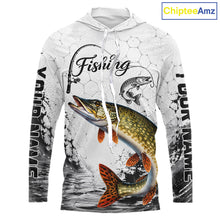 Load image into Gallery viewer, Custom Name Northern Pike Fishing Long Sleeve Hooded Performance Shirt, Pike Gift For Men 