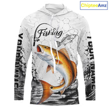 Load image into Gallery viewer, Custom Name Redfish Fishing Long Sleeve Hooded Performance Shirt, Red Drum Gift For Men 