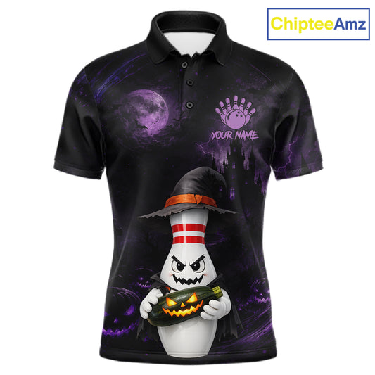 A black short-sleeve polo shirt with a Halloween-themed graphic print featuring a bowling pin character dressed as a witch holding a jack-o'-lantern, purple moon and lightning background details, and a customizable name print area. A 'ChipteeAmz' logo is visible in the top right corner.