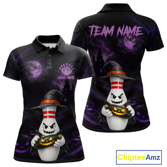 A Halloween-themed short-sleeve polo shirt shown from both front and back on a white background. The shirt has a dark purple and black spooky print with a ghost character holding a jack-o'-lantern, a witch hat, castle silhouette, full moon, and purple lightning effects.