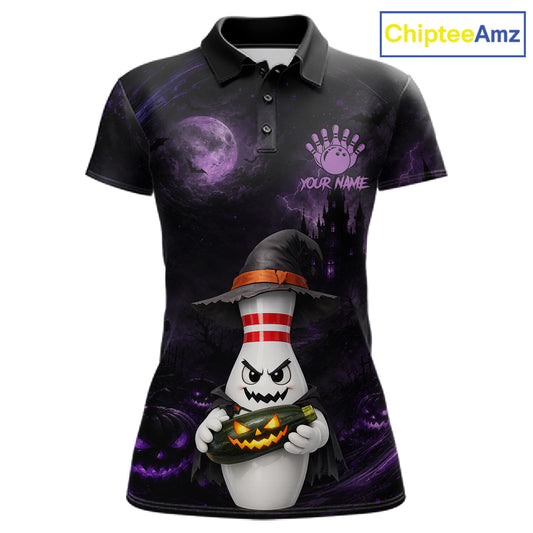 A women's short-sleeve polo shirt with a Halloween-themed all-over print. The design features a dark purple and black background with a full moon, haunted house silhouette, and a cartoon ghost bowling pin character holding a jack-o'-lantern.