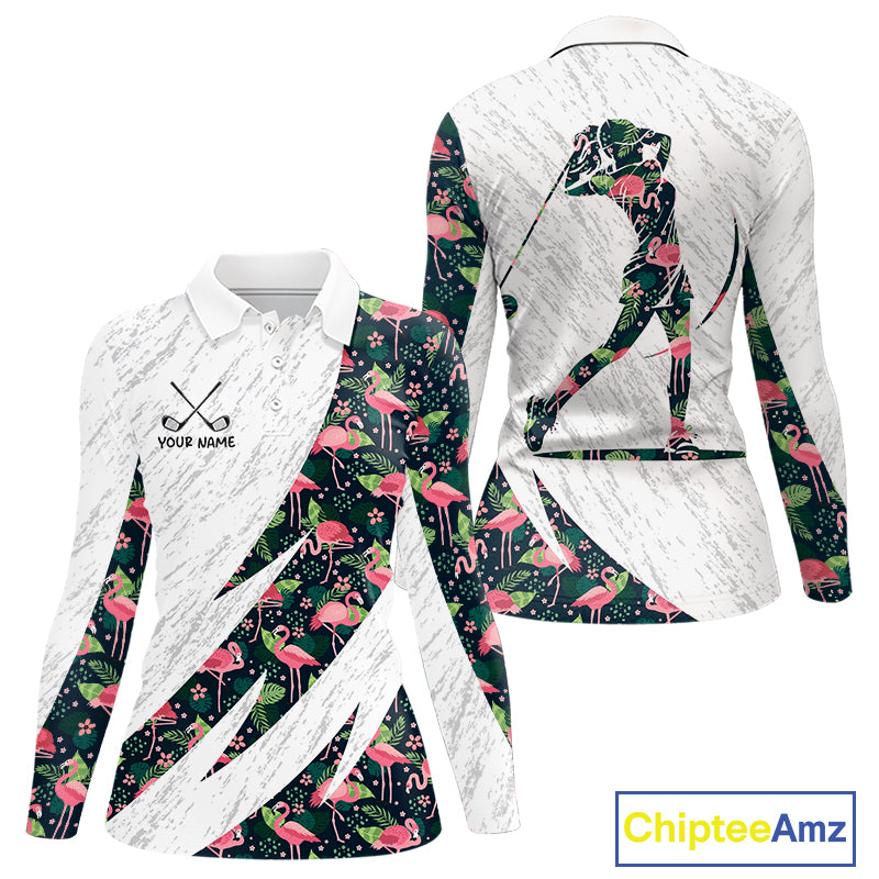 Flamingo Womens Golf Polo Shirts, Colorful Tropical Flamingo Pattern, Tropical Golf Shirt NHT590