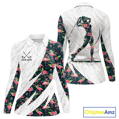 Flamingo Womens Golf Polo Shirts, Colorful Tropical Flamingo Pattern, Tropical Golf Shirt NHT590