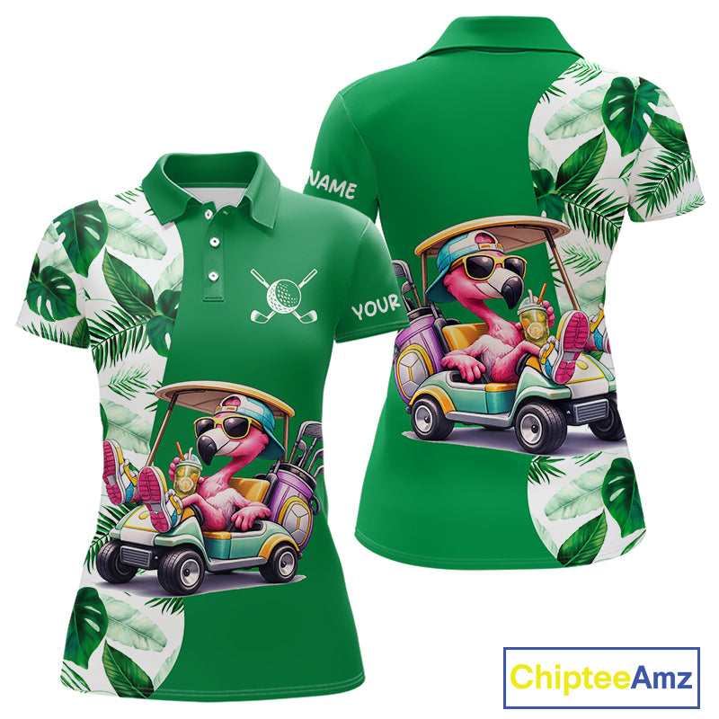 Personalized Tropical Leaf Green Golf Cart Design, Custom Flamingo Funny Womens Golf Polo Shirt  NHT596
