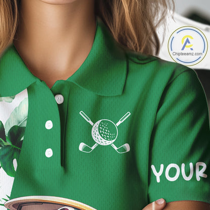 Personalized Tropical Leaf Green Golf Cart Design, Custom Flamingo Funny Womens Golf Polo Shirt  NHT596