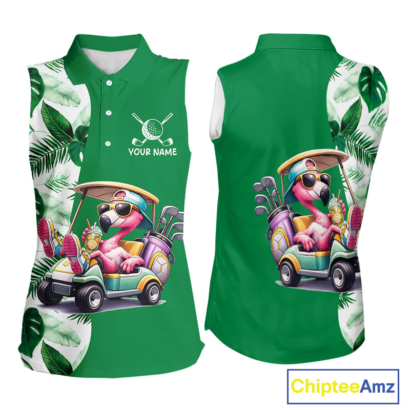 Personalized Tropical Leaf Green Golf Cart Design, Custom Flamingo Funny Womens Sleeveless Golf Polo Shirt  NHT596