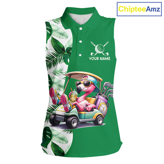 Personalized Tropical Leaf Green Golf Cart Design, Custom Flamingo Funny Womens Sleeveless Golf Polo Shirt  NHT596