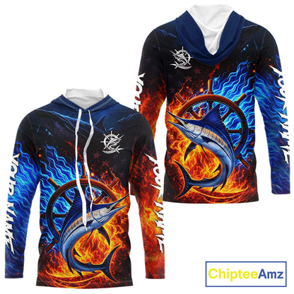 Marlin Fishing Shirt Long Sleeve Blue Fire Flame Smoke Personalized Name, Best Fishing Gift NHT427