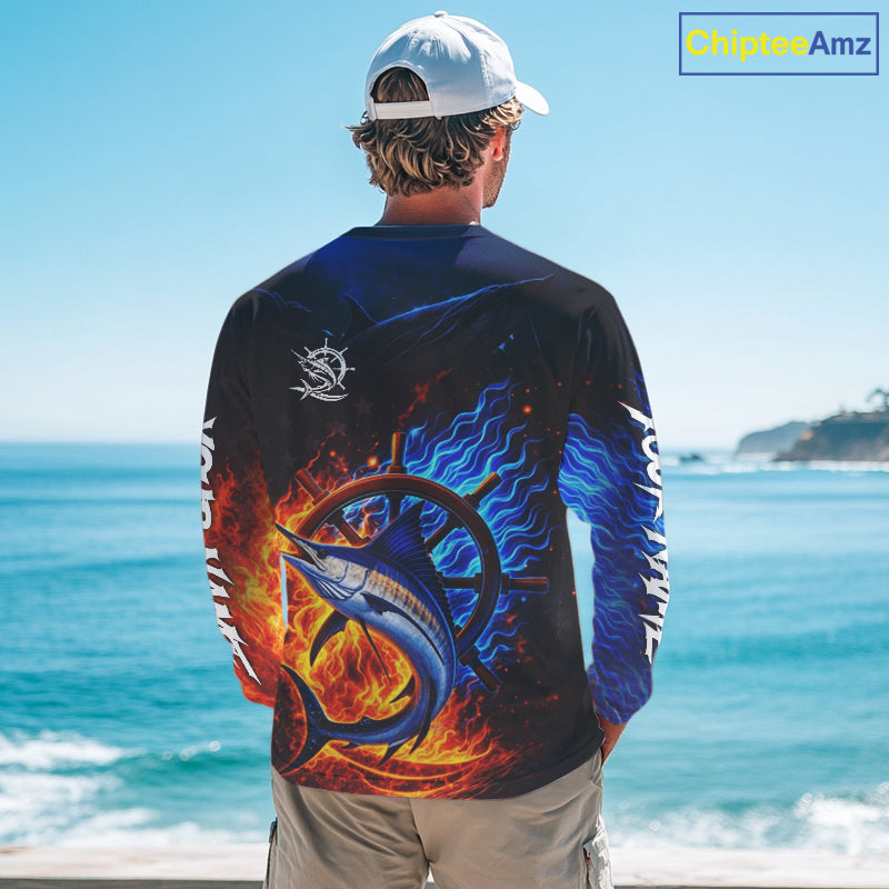 Marlin Fishing Shirt Long Sleeve Blue Fire Flame Smoke Personalized Name, Best Fishing Gift NHT427