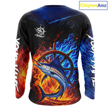 Load image into Gallery viewer, Marlin Fishing Shirt Long Sleeve Blue Fire Flame Smoke Personalized Name, Best Fishing Gift NHT427