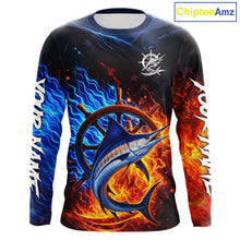 Load image into Gallery viewer, Marlin Fishing Shirt Long Sleeve Blue Fire Flame Smoke Personalized Name, Best Fishing Gift NHT427