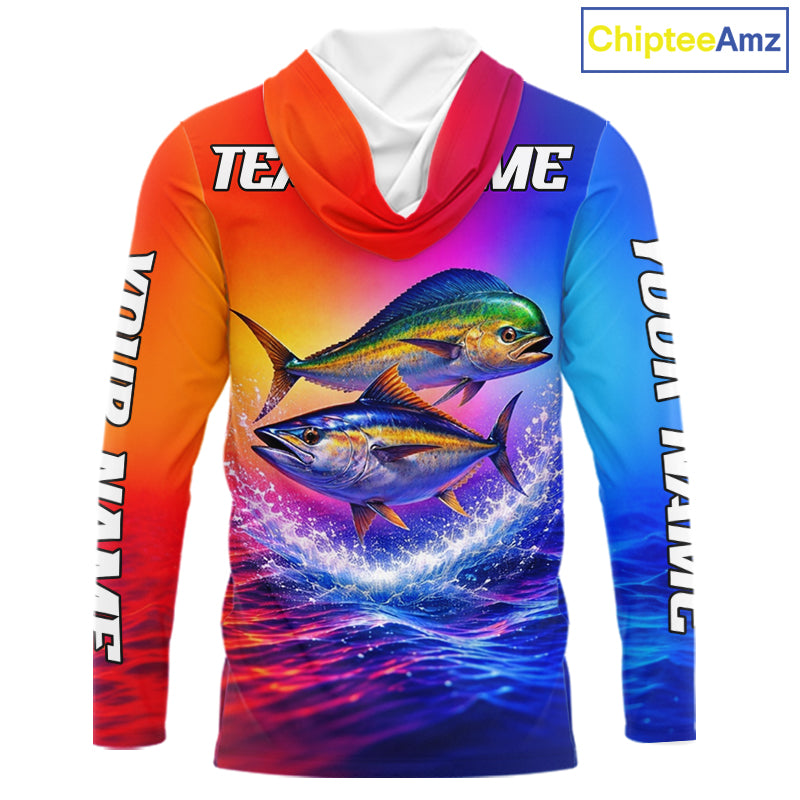 Personalized Mahi Mahi, Tuna Neon Performance Hooded Fishing Shirt, Offshore Tournament Shirts NHT599