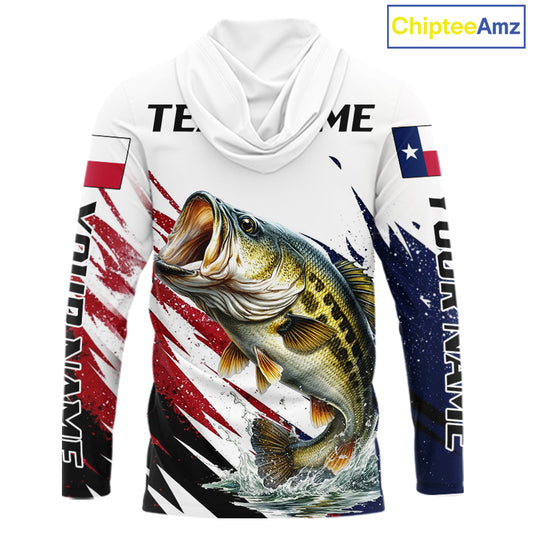 Custom Texas Flag Bass Fishing Shirts, Texas Bass Hooded Fishing Shirts Long Sleeve For Team NHT602