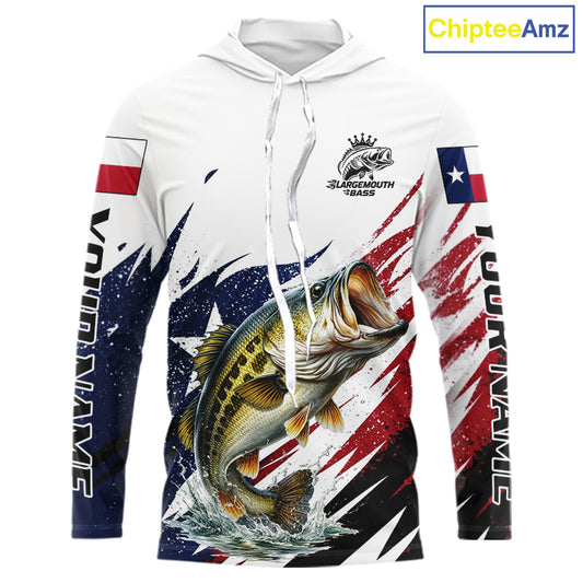 Custom Texas Flag Bass Fishing Shirts, Texas Bass Hooded Fishing Shirts Long Sleeve For Team NHT602