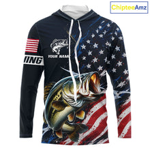 Load image into Gallery viewer, Bass Fishing Shirt Long Sleeve Hooded USA Flag, Custom Name Jersey