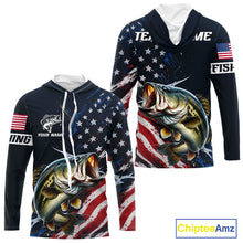 Load image into Gallery viewer, Bass Fishing Shirt Long Sleeve Hooded USA Flag, Custom Name Jersey