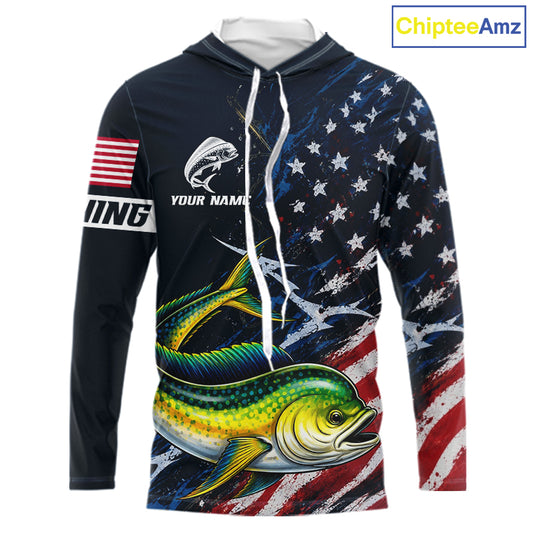Mahi Mahi Fishing Shirt Long Sleeve Hooded USA Flag Custom Name Jersey