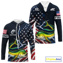 Load image into Gallery viewer, Mahi Mahi Fishing Shirt Long Sleeve Hooded USA Flag Custom Name Jersey