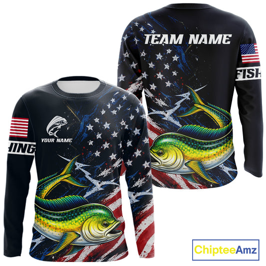 Mahi Mahi Fishing Shirt Long Sleeve USA Flag Custom Name Jersey