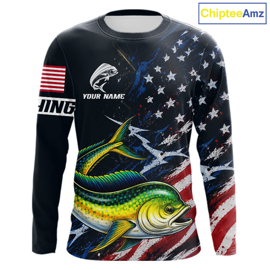 Mahi Mahi Fishing Shirt Long Sleeve USA Flag Custom Name Jersey