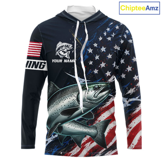 Chinook Salmon Long Sleeve Hooded Fishing Shirt USA Flag Camo, Custom