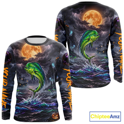 A long-sleeve crewneck shirt shown from both front and back, featuring an all-over Halloween-themed graphic print with a green jumping fish, dark stormy sky, orange full moon, ships, and orange vertical text on the sleeves. A ChipteeAmz logo appears in the bottom right corner.
