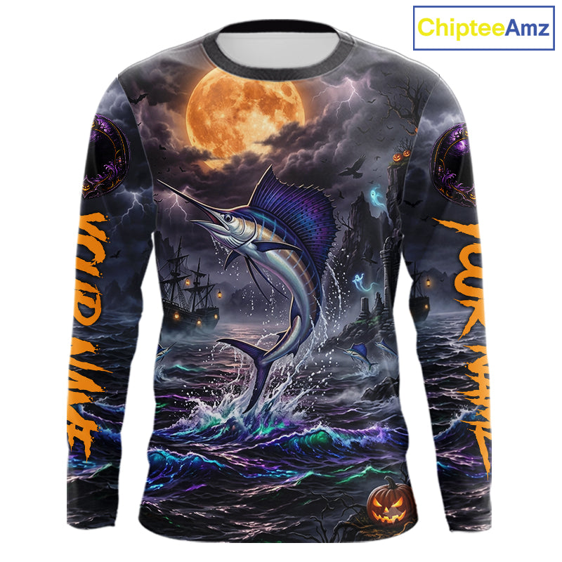 A long-sleeve crewneck shirt with an all-over Halloween-themed graphic print featuring a jumping marlin under a full moon, stormy seas, ghosts, and orange text on the sleeves, shown on a white background with a ChipteeAmz logo in the top right corner.