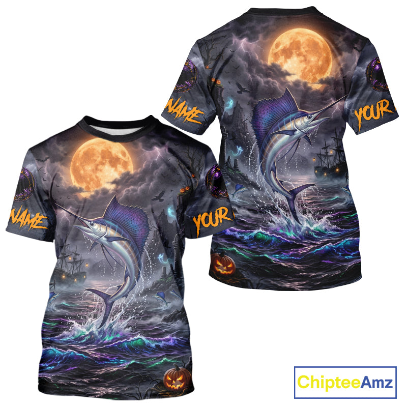 Front and back views of a short-sleeve t-shirt with an all-over Halloween-themed graphic print. The design features a marlin jumping from dark, churning ocean waves under a large orange full moon, with a ghost ship in the background.