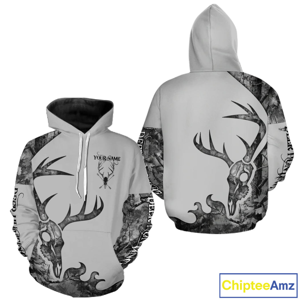 Deer Hunting Shirt Best 3D All Over Print Skull Deer Personalized Name Gray Camo NHT62