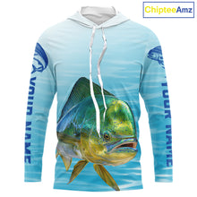 Load image into Gallery viewer, Hooded  Mahi Mahi Ocean Blue Performance Fishing Shirt, Mahi Mahi Tournament Fishing Shirts NHT615