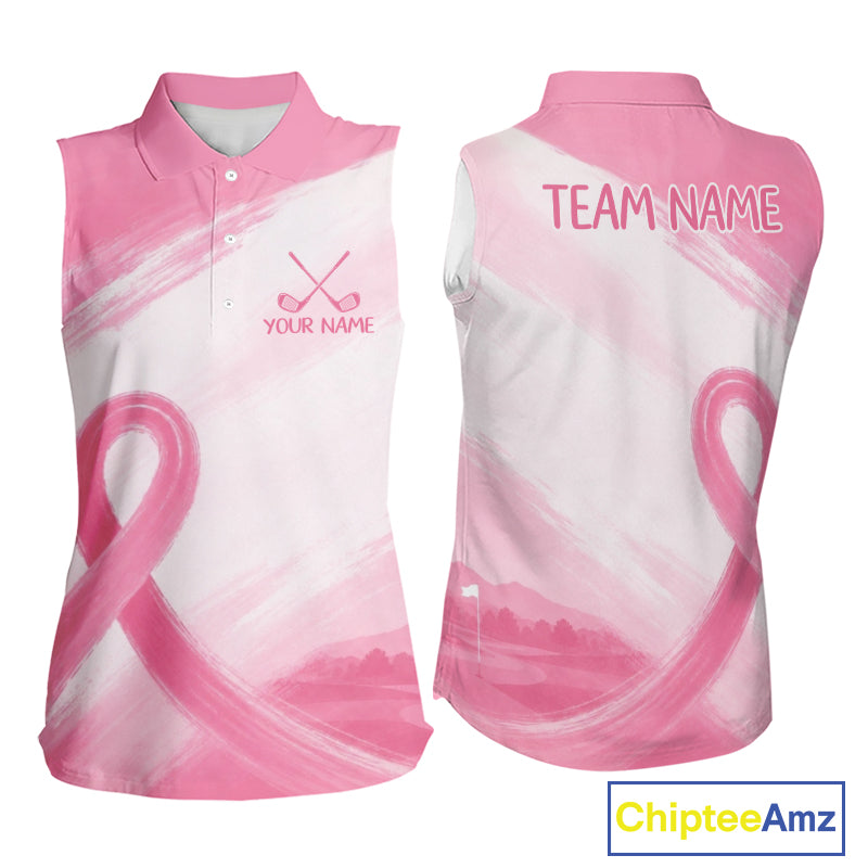 Custom Women's Sleeveless Golf Polo Shirt - Breast Cancer Awareness Pink Ribbon Performance Jersey