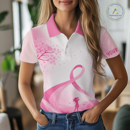 Breast Cancer Awareness Pink Ribbon Golf Polo & Cherry Blossom Personalized Name Lady Golfer