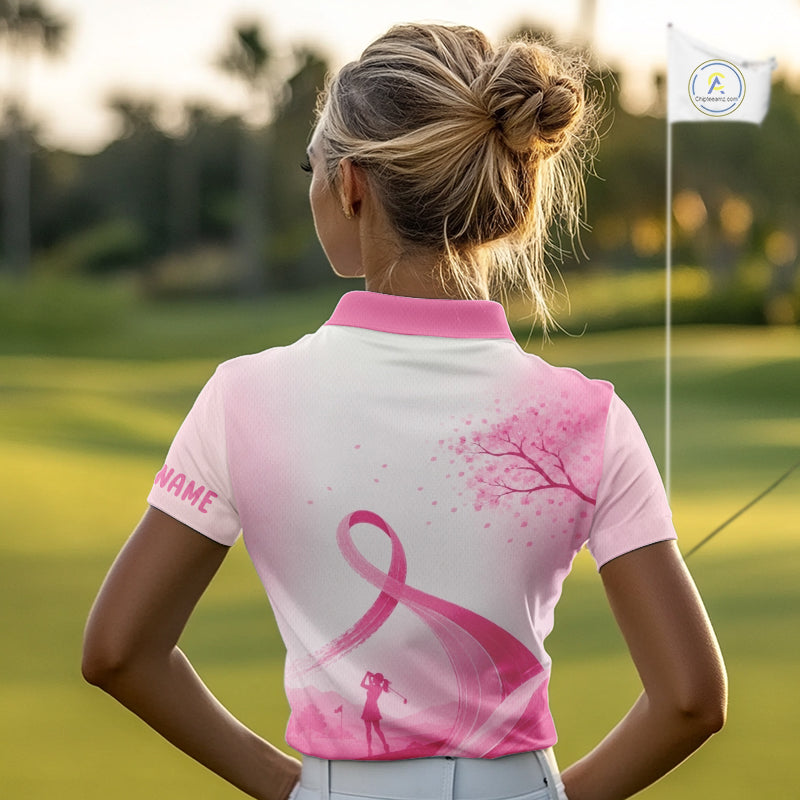 Breast Cancer Awareness Pink Ribbon Golf Polo & Cherry Blossom Personalized Name Lady Golfer