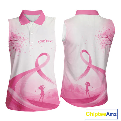 Breast Cancer Awareness Pink Ribbon Women's Sleeveless Golf Polo & Cherry Blossom Personalized Name Lady Golfer