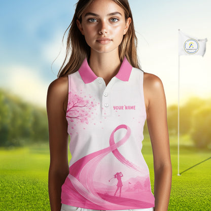 Breast Cancer Awareness Pink Ribbon Women's Sleeveless Golf Polo & Cherry Blossom Personalized Name Lady Golfer