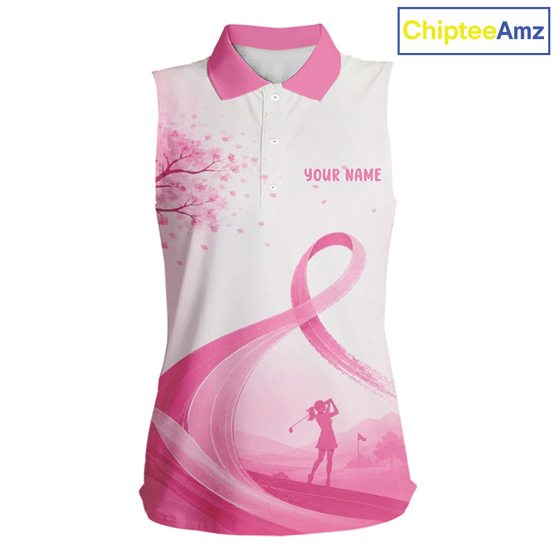 Breast Cancer Awareness Pink Ribbon Women's Sleeveless Golf Polo & Cherry Blossom Personalized Name Lady Golfer NHT977 - W...