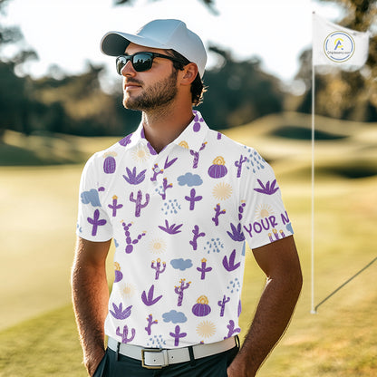 White shirt with purple cactus pattern worn by a person