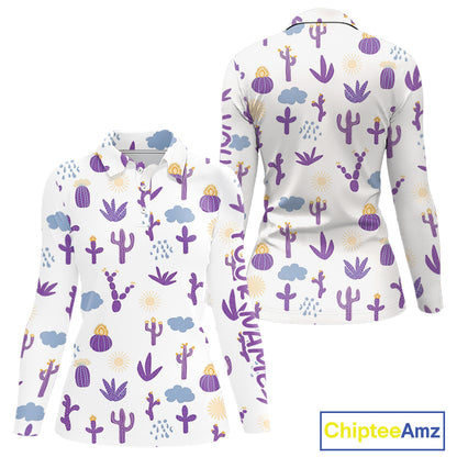 Custom Purple Cactus Women's Golf Polo Shirt - Personalized Desert Pattern Performance Golf Jersey