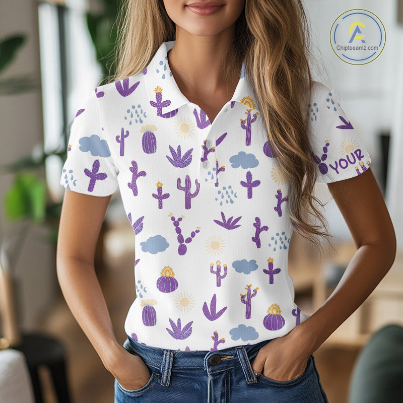 Custom Purple Cactus Women's Golf Polo Shirt - Personalized Desert Pattern Performance Golf Jersey