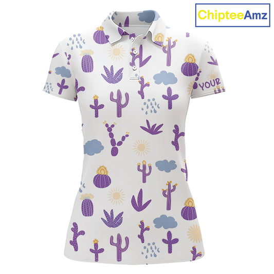 Custom Purple Cactus Women's Golf Polo Shirt - Personalized Desert Pattern Performance Golf Jersey NHT980 - Women's Short ...