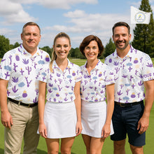 Load image into Gallery viewer, White shirt with purple cactus pattern worn by a person