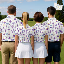 Load image into Gallery viewer, White shirt with purple cactus pattern worn by a person