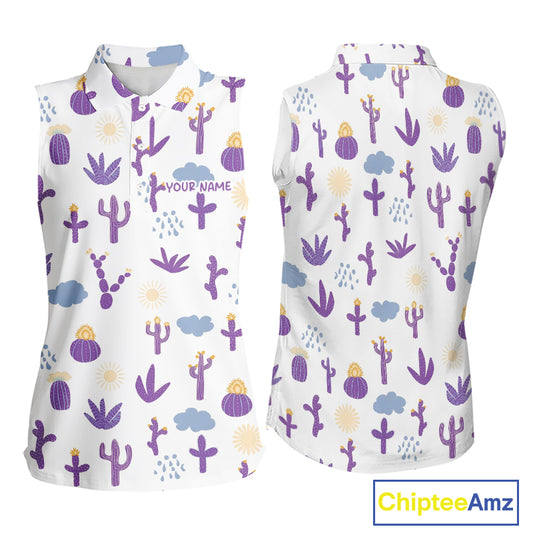 Custom Purple Cactus Women's Sleeveless Golf Polo Shirt - Personalized Desert Pattern Performance Golf Jersey