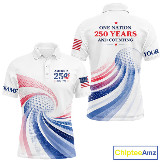 White polo shirt with red, white, and blue design, featuring text and American flag on a white background.
